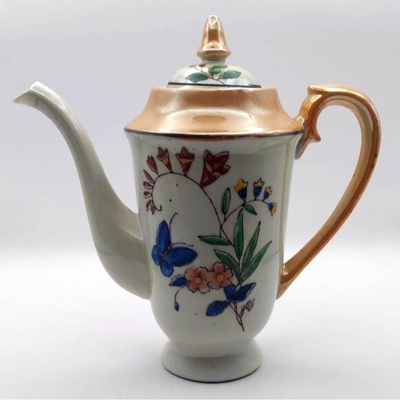 Vintage Handpainted Lusterware Porcelain Floral Coffee Tea Pot Occupied Japan - Picture 1 of 8